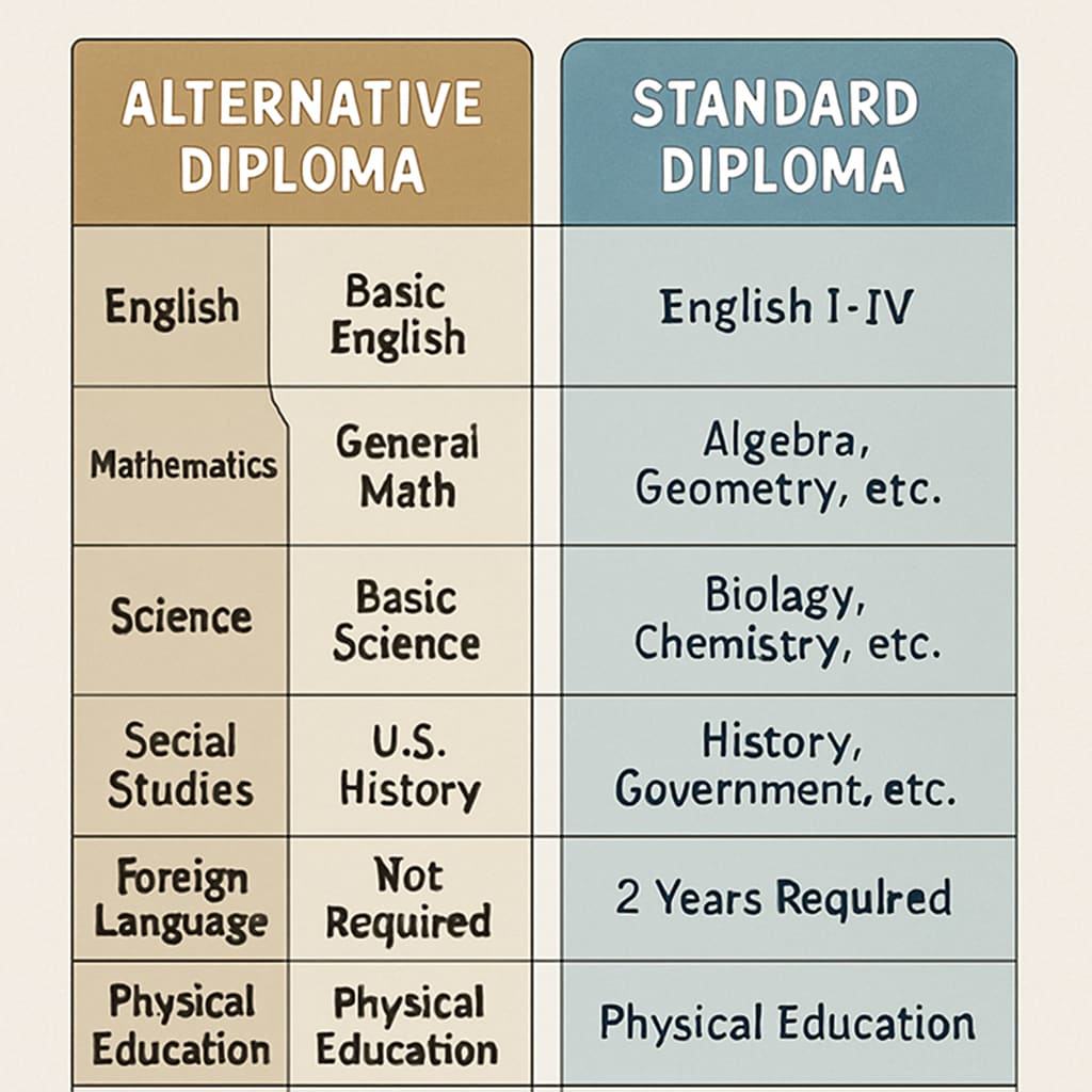 A comparison chart illustrating the curriculum differences between alternative and standard high school diplomas. Comparison chart of alternative vs. standard high school diplomas.