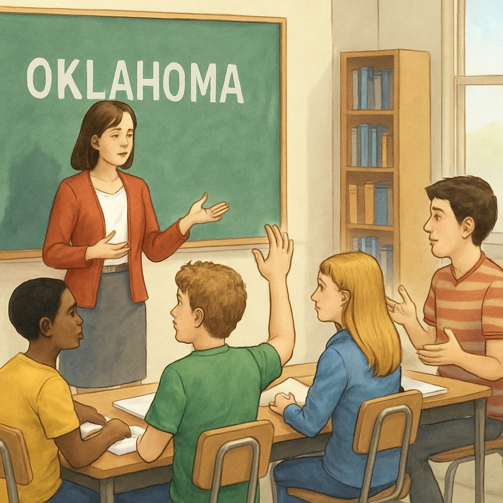 A classroom in Oklahoma with students and a teacher interacting, symbolizing the debate over teacher policies. Classroom in Oklahoma highlighting teacher and student interaction amid policy debates.