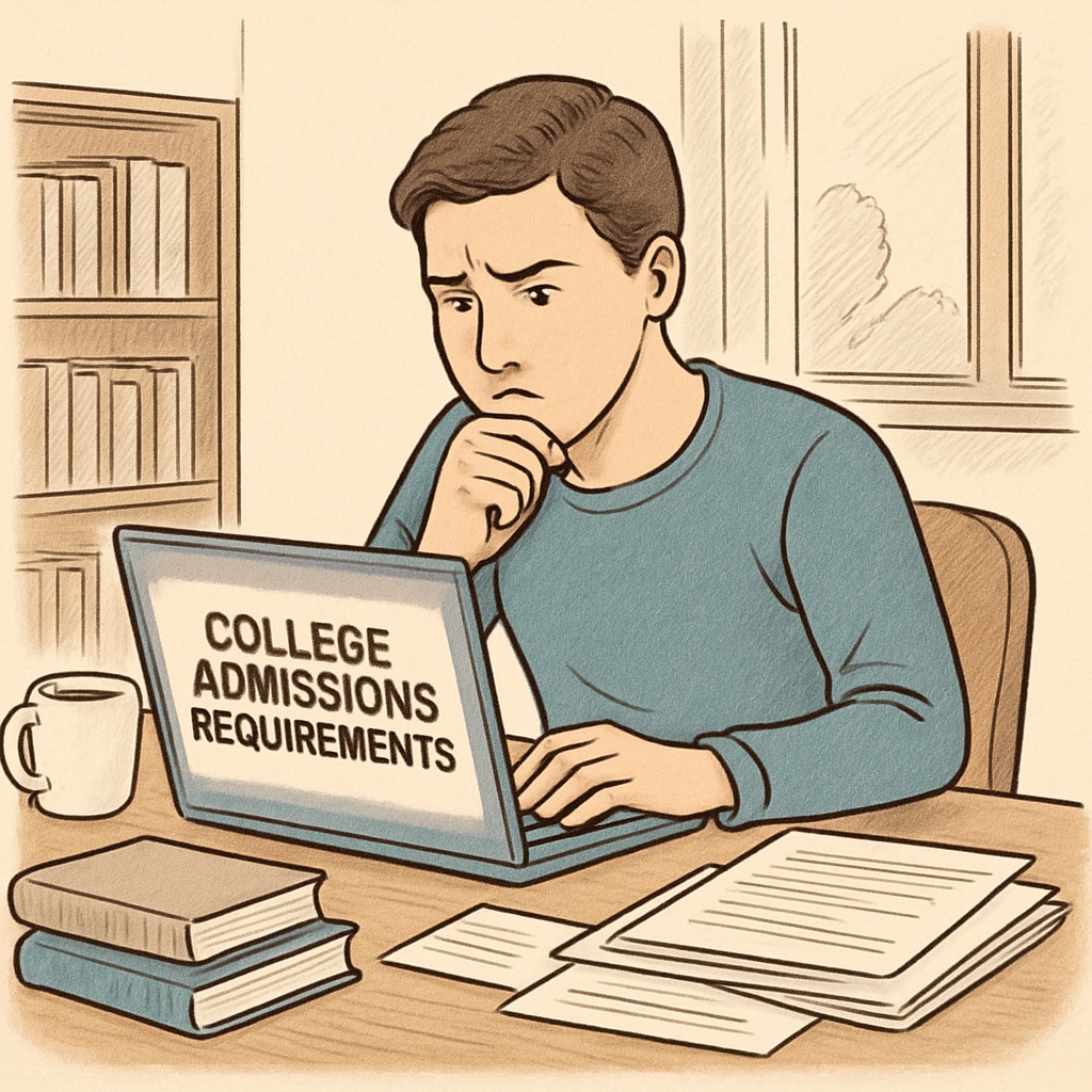 A concerned student researching college admissions requirements on a laptop. Student researching if alternative diploma meets college requirements.
