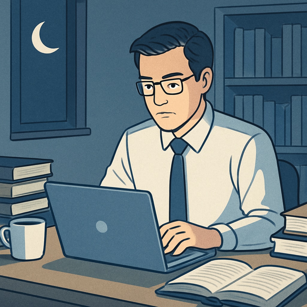 A professional sitting at a desk late at night, surrounded by books and a laptop, symbolizing the dedication required for balancing work and education. A professional studying late at night to balance work and education.