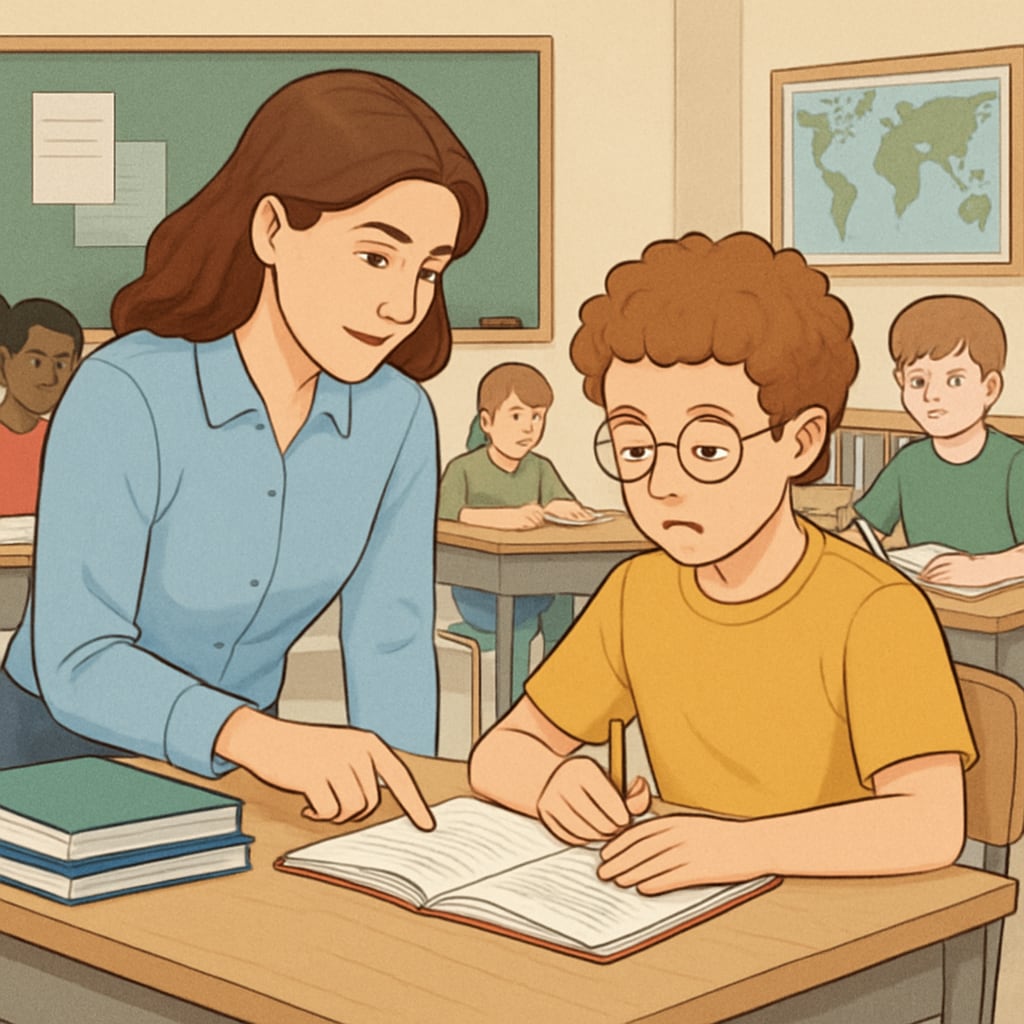 A classroom setting where a teacher is providing one-on-one assistance to a student with learning disabilities. Teacher helping a student with learning disabilities in a classroom setting.