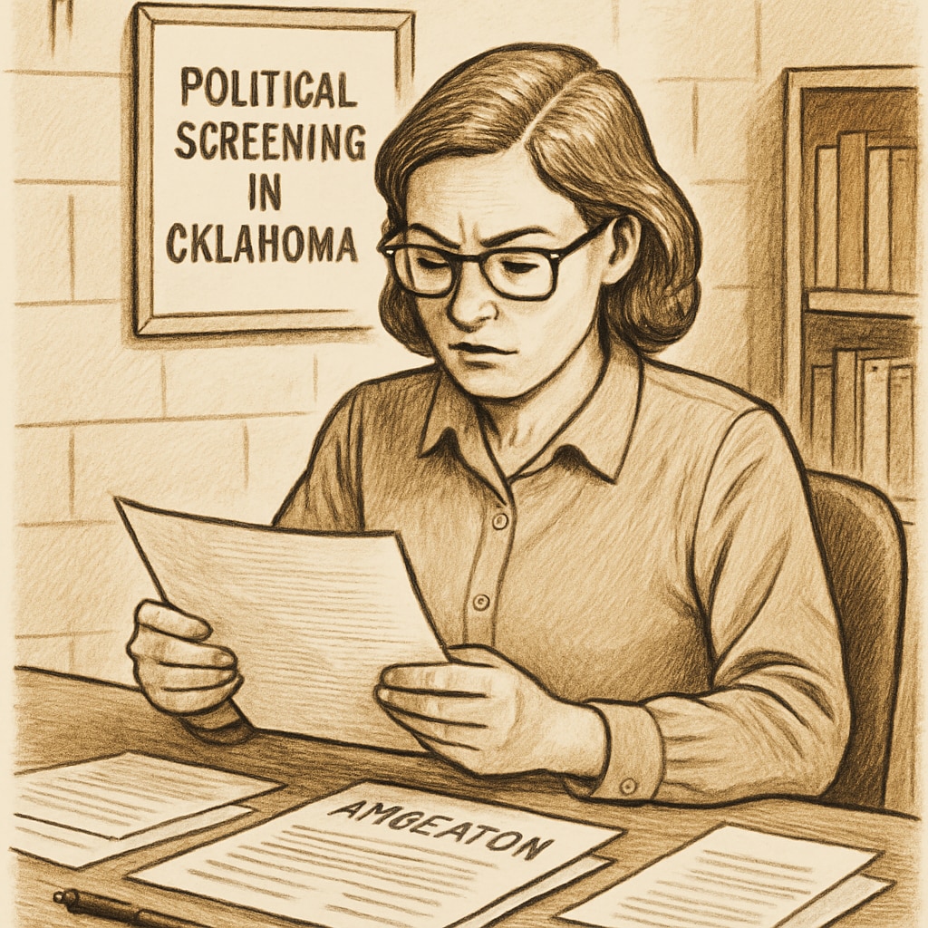 A teacher reviewing application documents, symbolizing the concept of political screening in Oklahoma’s education system. Teacher reviewing application materials, representing Oklahoma’s political test policy.