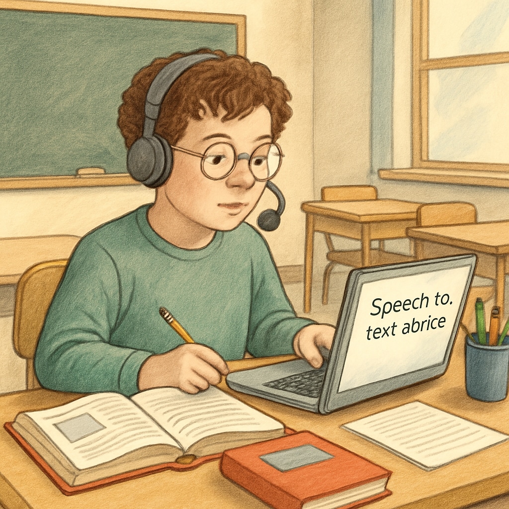 A student using assistive technology, such as a speech-to-text device, in a classroom environment. Student using assistive technology for learning in a classroom.