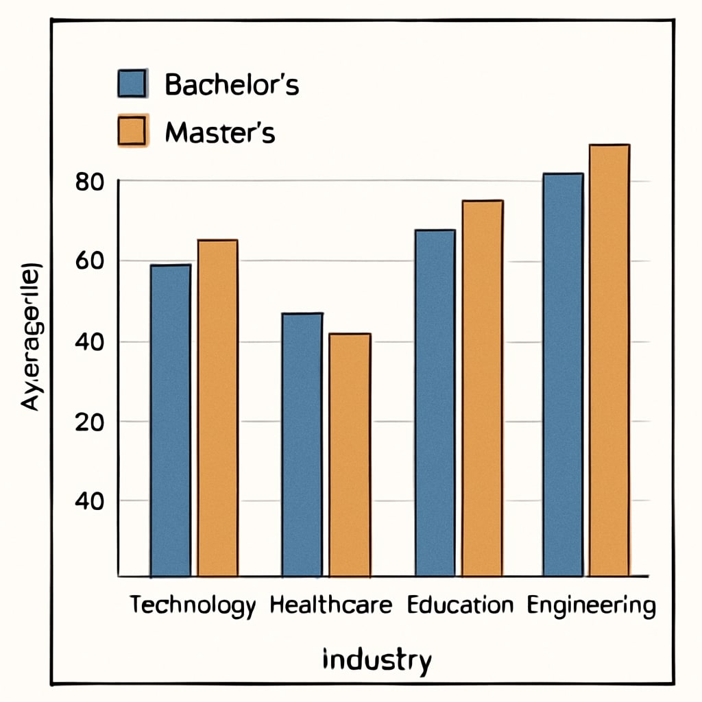 A graph showing the average salary differences among professionals with bachelor’s and master’s degrees across various industries. Graph comparing salaries for bachelor’s and master’s degree holders across industries.
