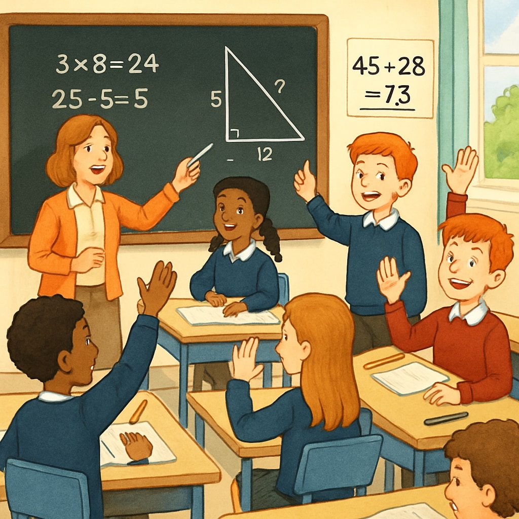A classroom setting in the UK, showcasing students actively participating in mathematics lessons. UK classroom with students engaged in mathematics courses.