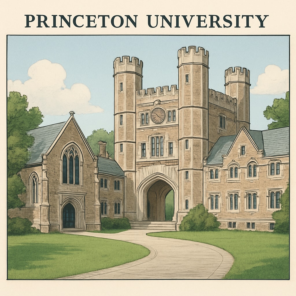 A historic view of Princeton University's campus, showcasing its iconic gothic architecture. Princeton University gothic architecture representing Ivy League prestige
