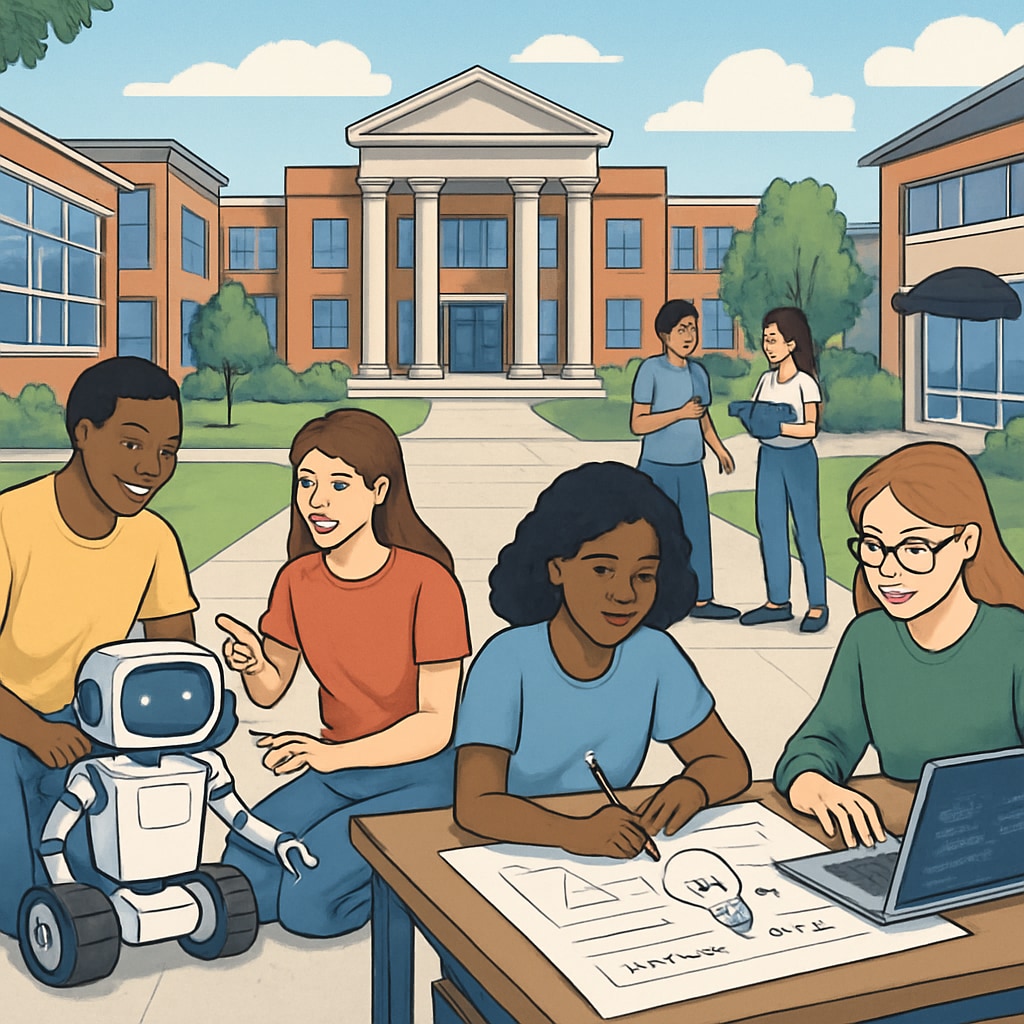 Students collaborating on STEAM projects at a university campus.