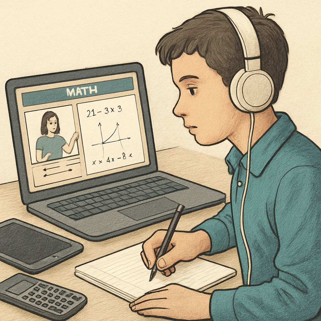 A student working on mathematical problems using a digital learning platform, highlighting modern education tools. Student solving math problems on a digital platform in the UK.