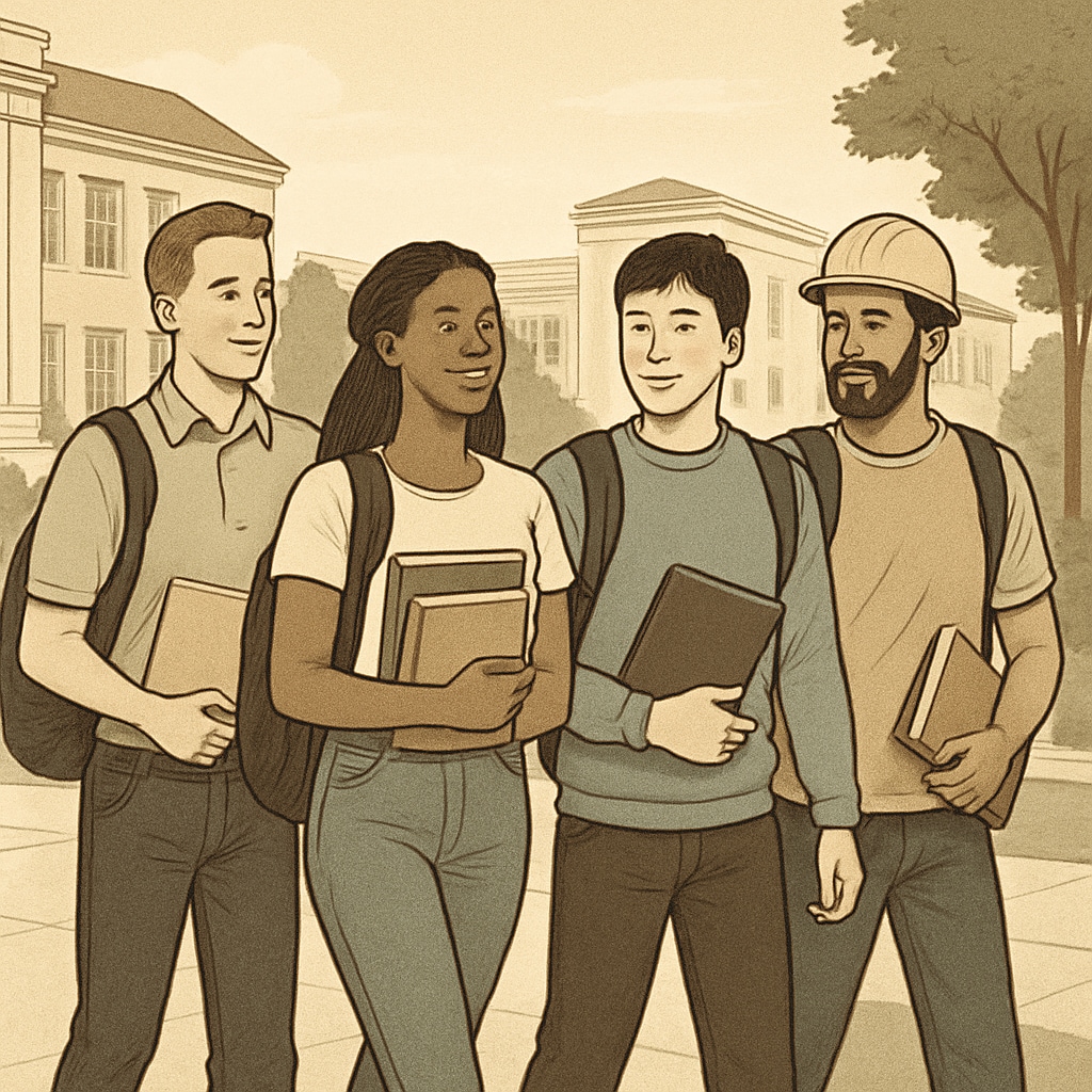 A group of diverse students walking together on a non-Ivy League campus, symbolizing alternative paths to success. Diverse students on a non-Ivy League campus highlighting alternative success paths