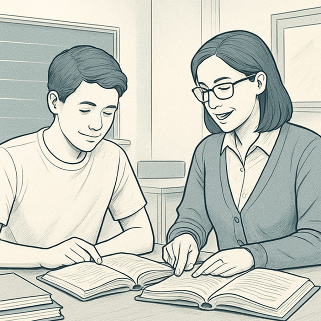 A young adult attending a tutoring session with a teacher, representing efforts to help UK school dropouts recover their education. UK educational recovery tutoring session for school dropouts