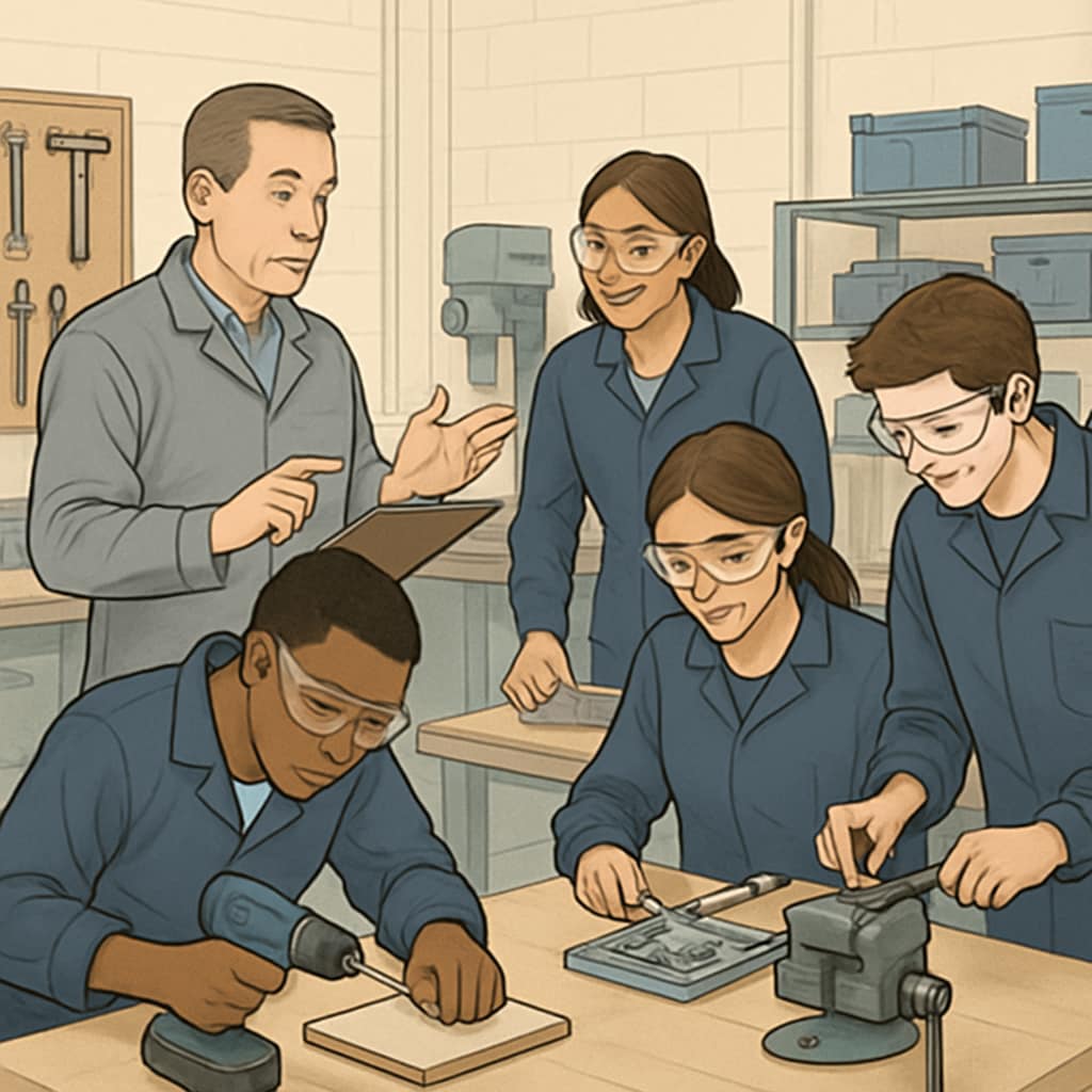 A vocational training session involving young adults in a workshop, highlighting skill development opportunities for educational recovery. Vocational training session as part of UK educational recovery for school dropouts