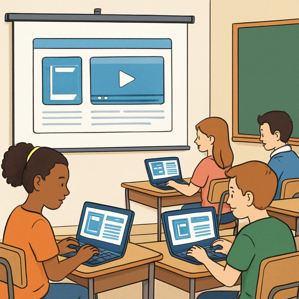 Students working on laptops to access K-12 educational resources despite internet age verification laws.