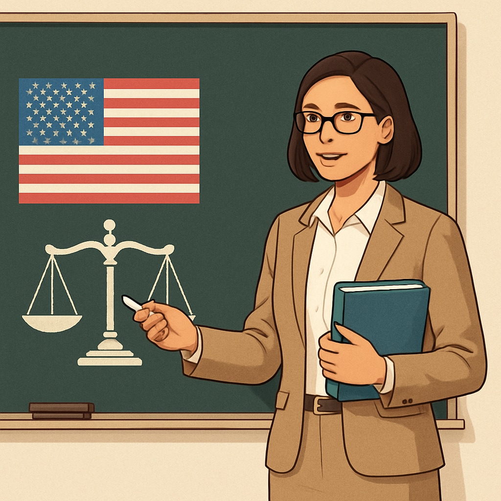 A conceptual image showing a teacher standing in front of a blackboard with political symbols like the U.S. flag and a scale of justice, symbolizing the intersection of politics and education. Teacher standing in front of a blackboard with political symbols, representing Oklahoma’s political bias test.