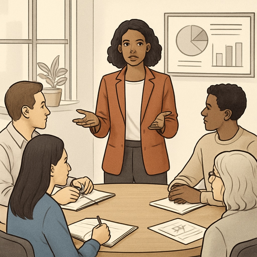 A woman entrepreneur engaging in a mindful discussion with her team, inspired by Sadhguru's principles. Woman entrepreneur practicing Sadhguru’s communication techniques in a team setting.
