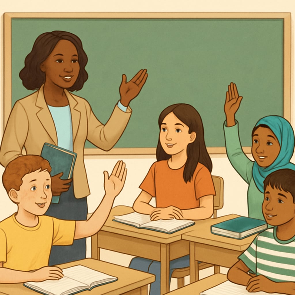 A professional teacher in a classroom setting, engaging with diverse students. Teacher in a classroom promoting educational neutrality and diverse perspectives.