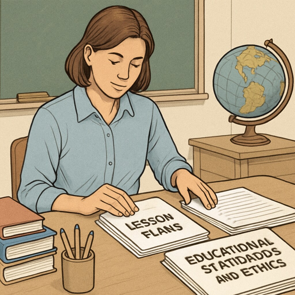 A teacher preparing lesson plans with documents labeled Teacher reviewing educational standards to ensure neutrality in lesson planning.