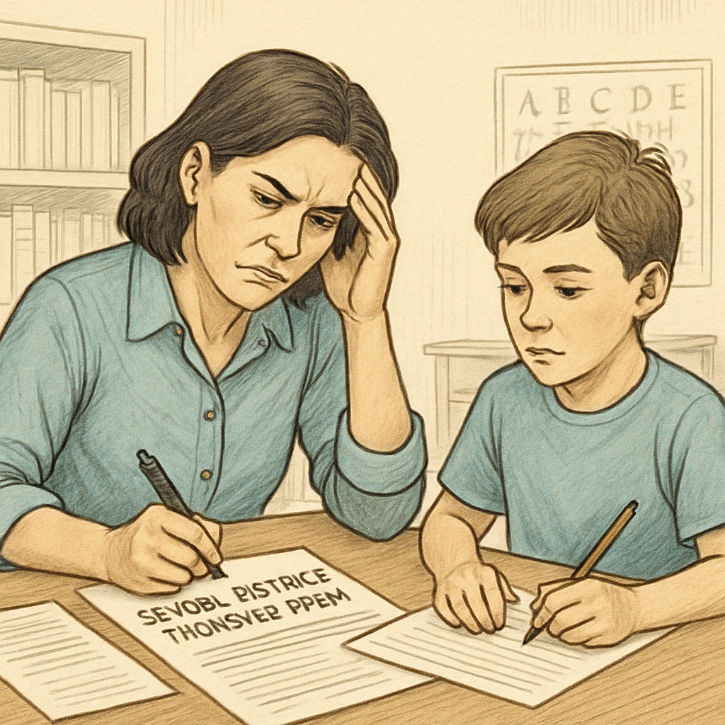 A frustrated parent reviewing school district transfer forms with a child. Parent and child discussing school district transfer forms.