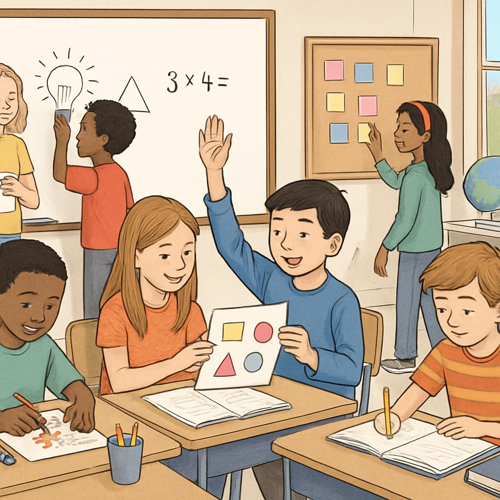 A classroom setting in the U.S. showcasing interactive learning among diverse students, reflecting the focus on creativity and collaboration. U.S. classroom focusing on interactive learning and diverse student engagement.
