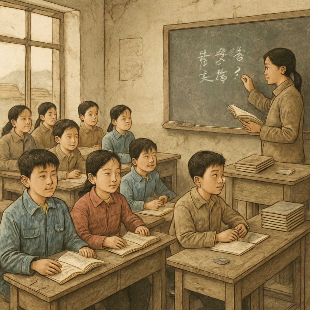 A rural classroom in China, highlighting limited resources but dedicated students, illustrating disparities in resource allocation. Chinese rural classroom with limited resources and focused students.