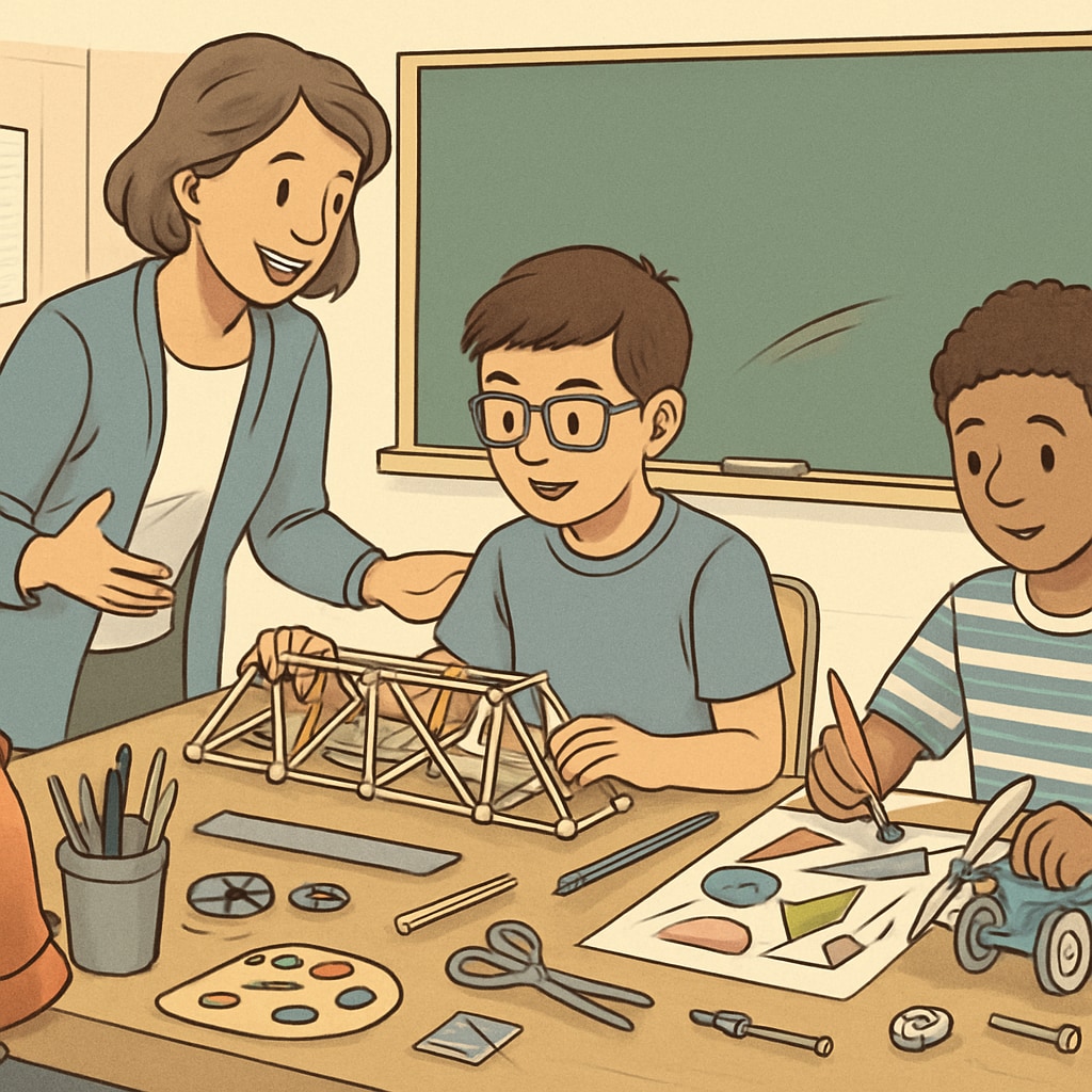 A teacher guiding students in a classroom workshop, combining engineering models and artistic design to reflect STEAM principles. A teacher integrates art and engineering in a K-12 classroom workshop.