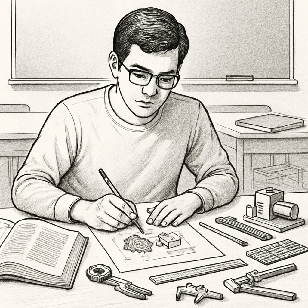 A university student working on an engineering project in a classroom setting, surrounded by books and tools, symbolizing the dual-degree journey. A student balancing education and engineering coursework for a dual degree.