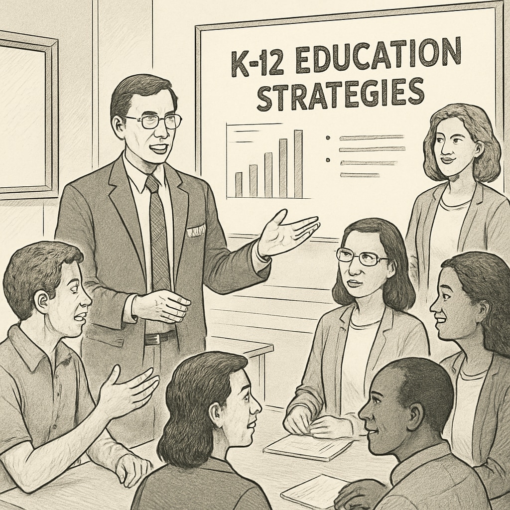 An academic professional from California University discussing K12 education strategies with a group of parents and teachers. California University expert consulting on K12 education strategies.