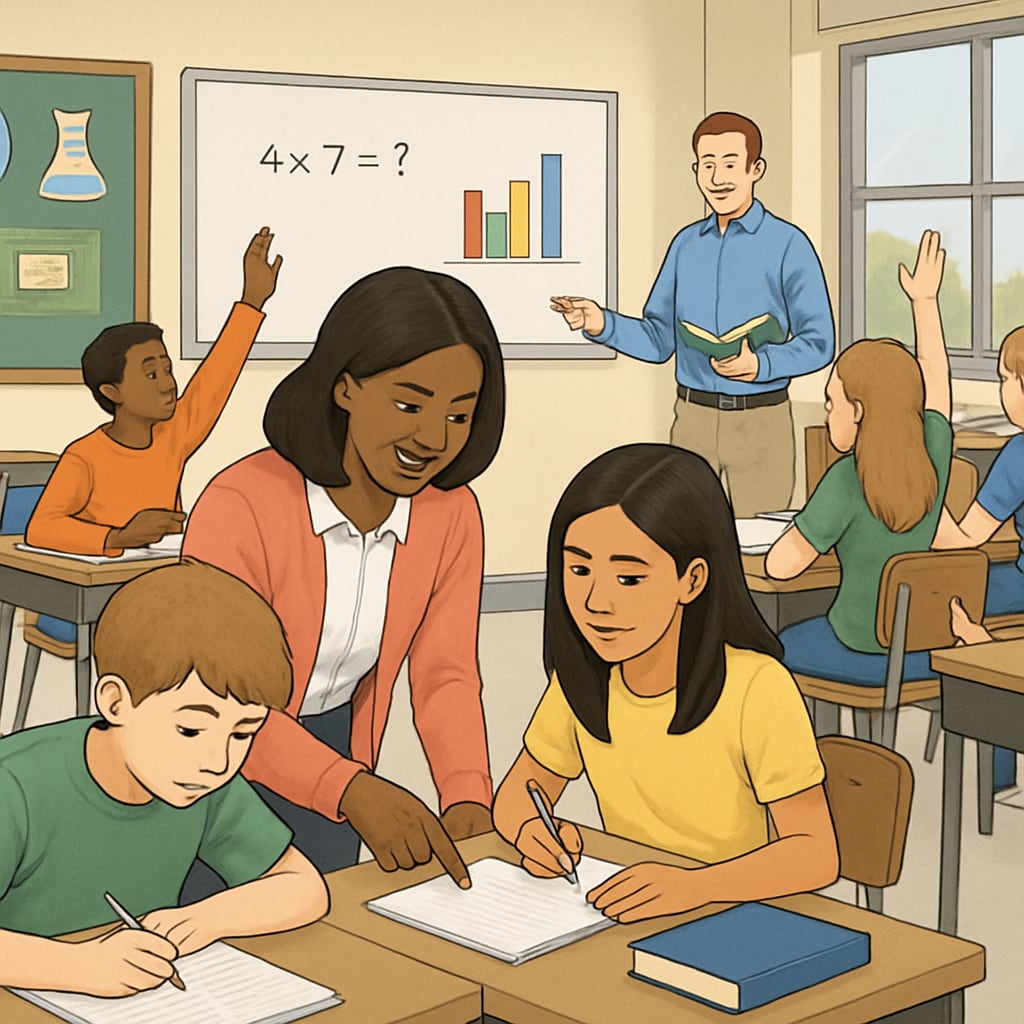 A classroom with middle school students actively engaged in learning, showing academic interventions for disengaged learners. Classroom scene showcasing academic interventions for middle school students.