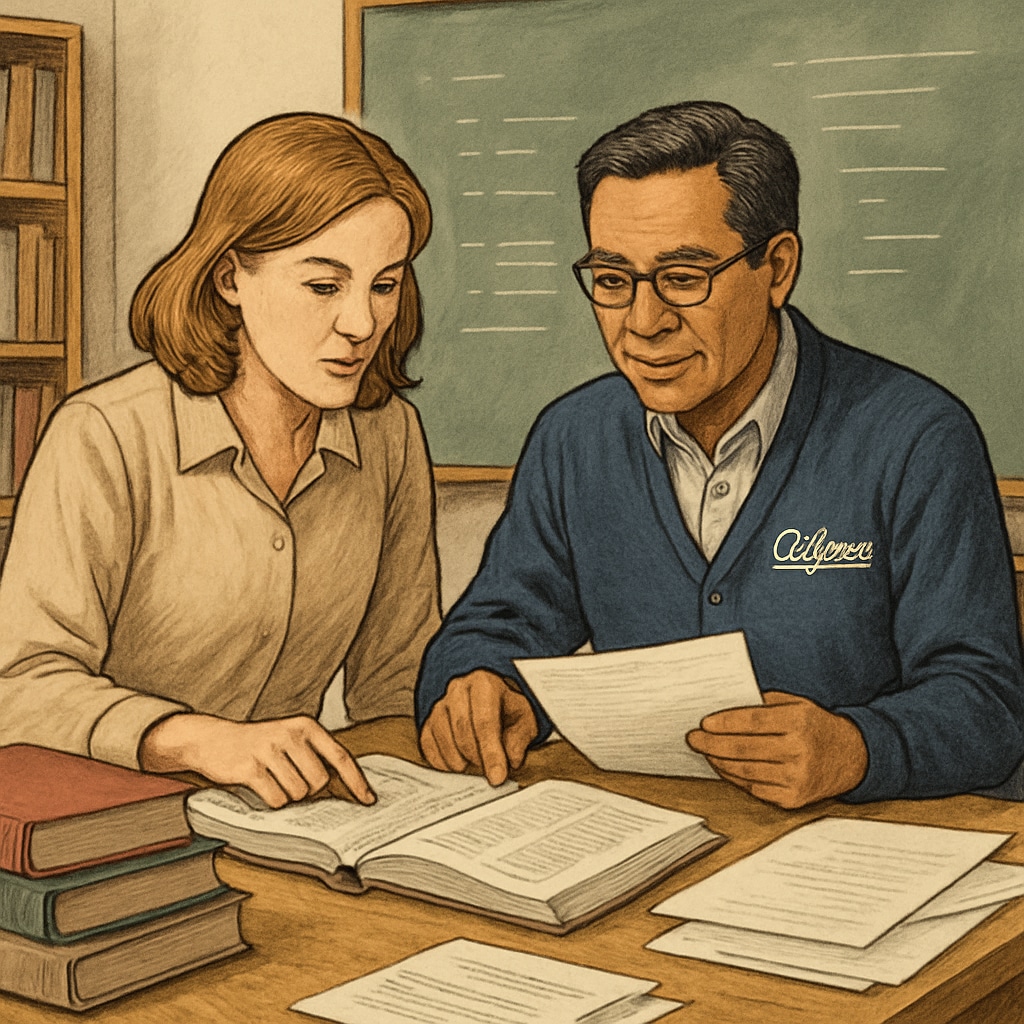 A teacher and a California University researcher reviewing educational resources together in a classroom setting. Collaboration between a teacher and a California University researcher.