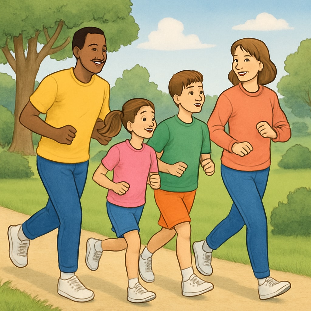 A family jogging outdoors together, demonstrating the importance of physical activity in childhood development. Family jogging outdoors promoting healthy habits for middle school students.