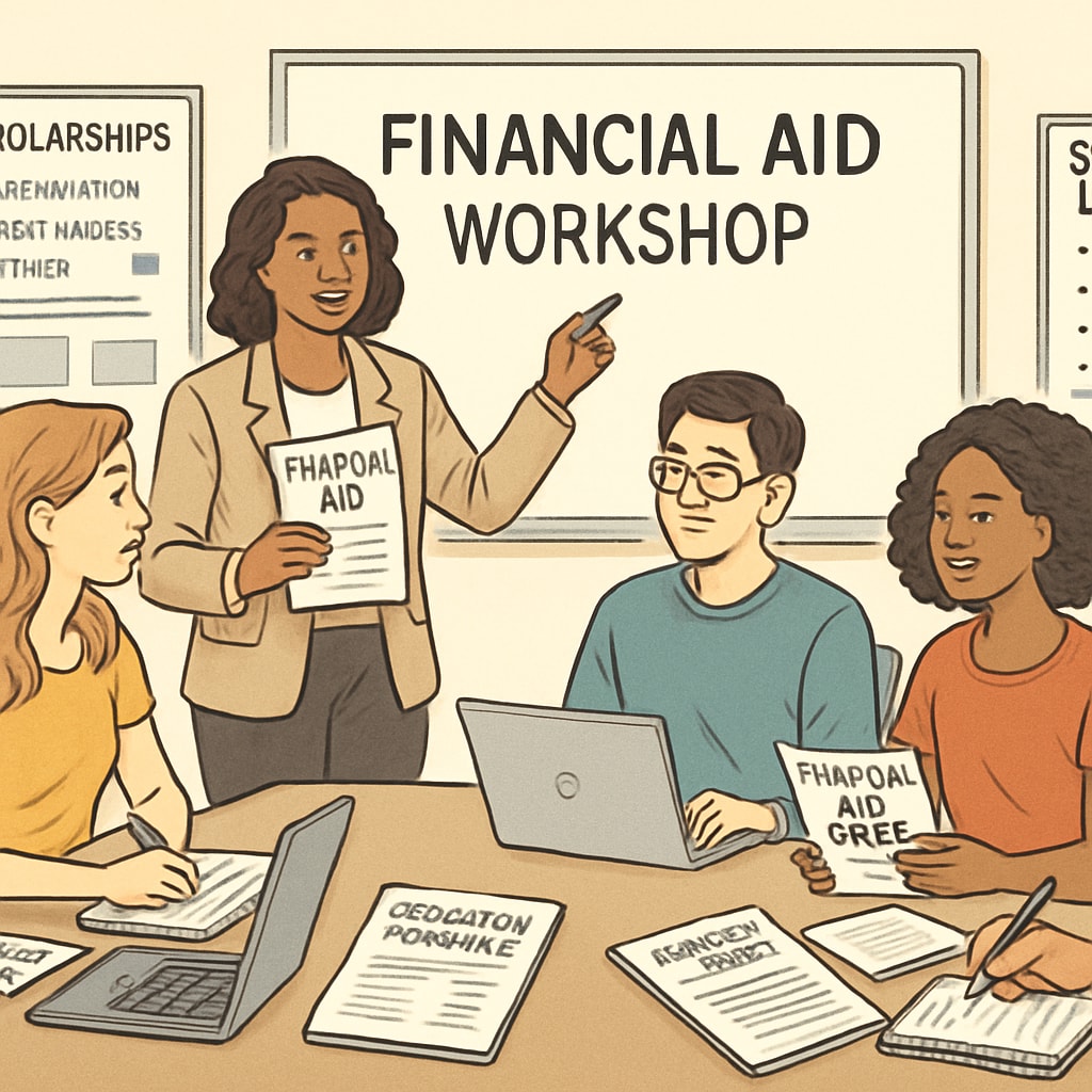 Students learning about financial aid options at a university workshop.