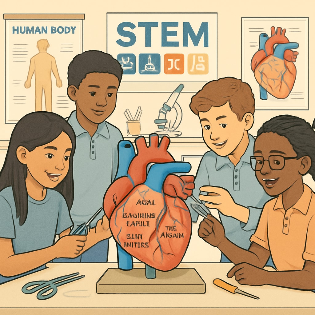 An image showing young students engaging in a hands-on STEM activity related to healthcare, such as building a model of the human heart. Young students participating in STEM activities, focusing on medical education concepts.