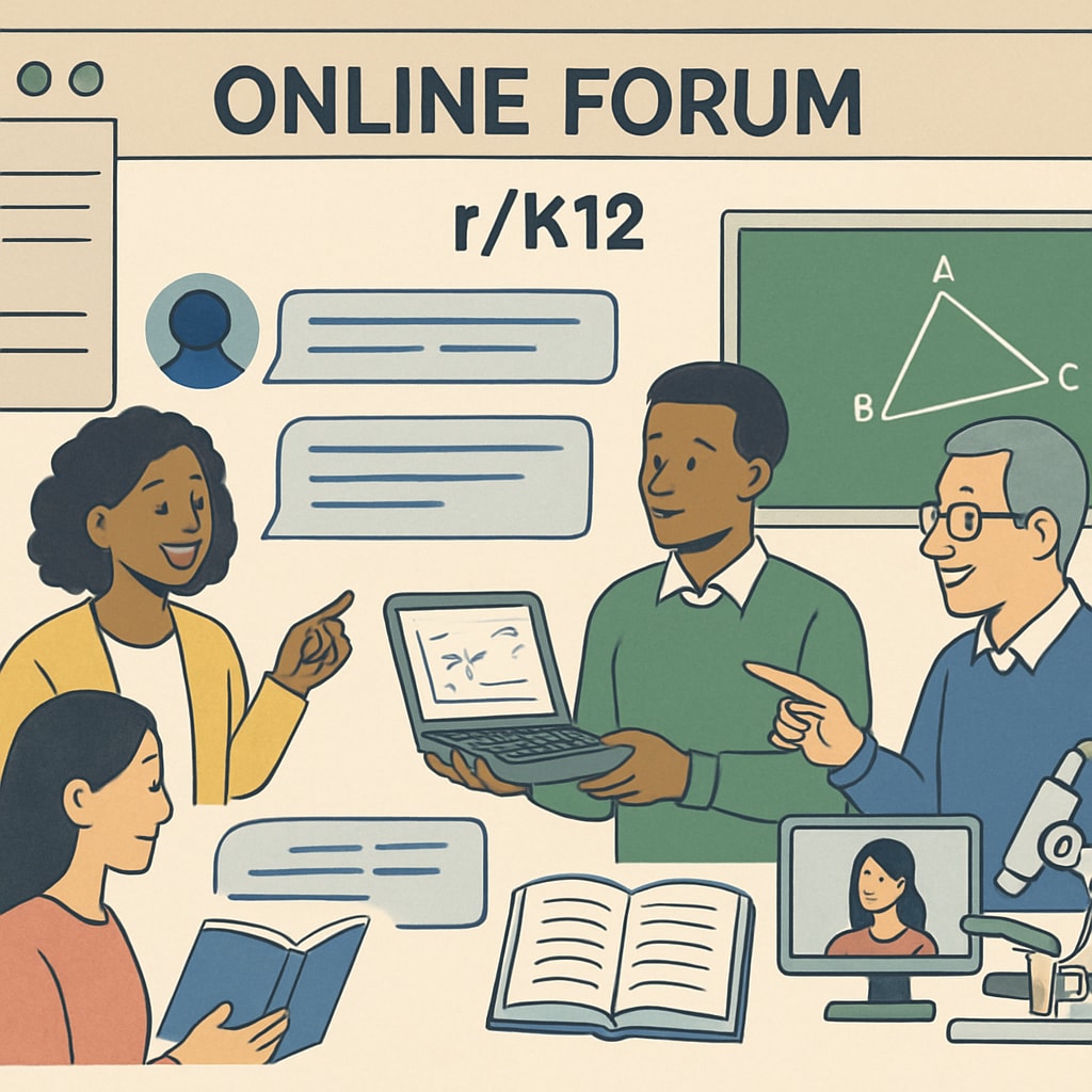 A vibrant online forum with educators discussing K12 topics in a subreddit. The image shows collaborative discussions and shared resources. Online forum discussion about K12 education in a Reddit subreddit.