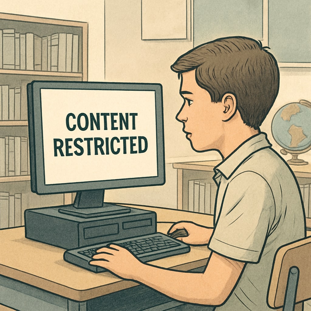 A student facing a A student encountering a restricted content message on their screen, symbolizing the impact of internet content laws on education.
