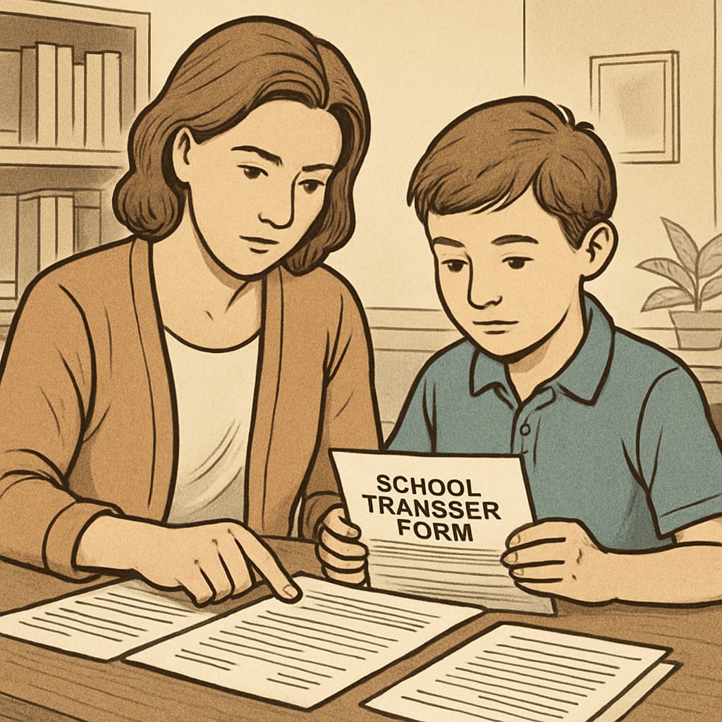 A parent and child reviewing school transfer forms, symbolizing the complexity of inter-district communication. Parent and child reviewing school transfer forms, representing school choice and communication challenges.