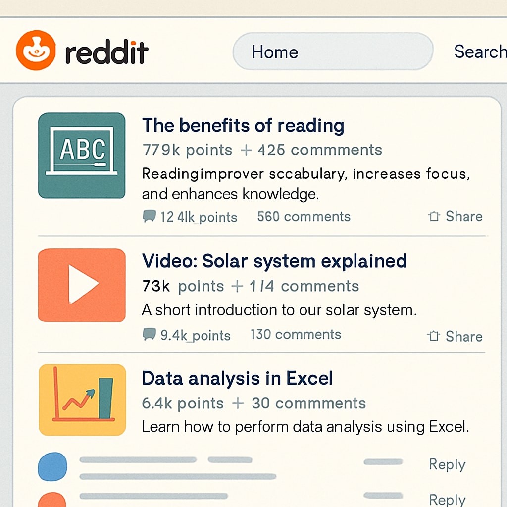 A screenshot-style illustration of a Reddit subreddit with educational posts and comments. The image highlights the diversity of resources and interactions. Reddit subreddit screenshot with educational content and user comments.