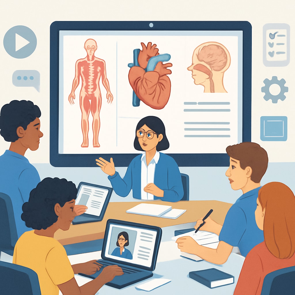 An image illustrating a virtual classroom environment with students learning about human anatomy via an interactive online course. Students in a virtual classroom learning medical education concepts through online courses.