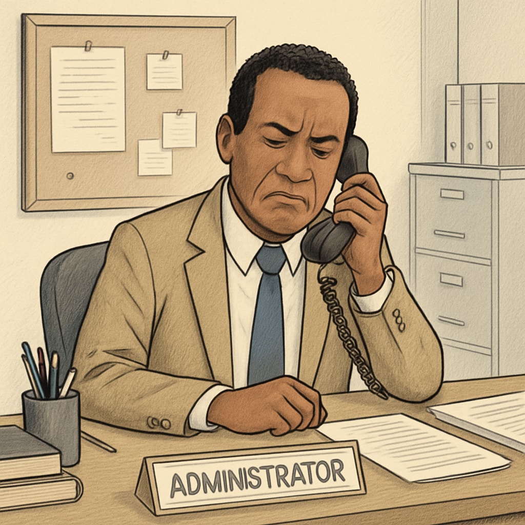 A school administrator on the phone, appearing frustrated, representing communication challenges between districts. Frustrated school administrator on the phone, highlighting barriers in inter-district communication.