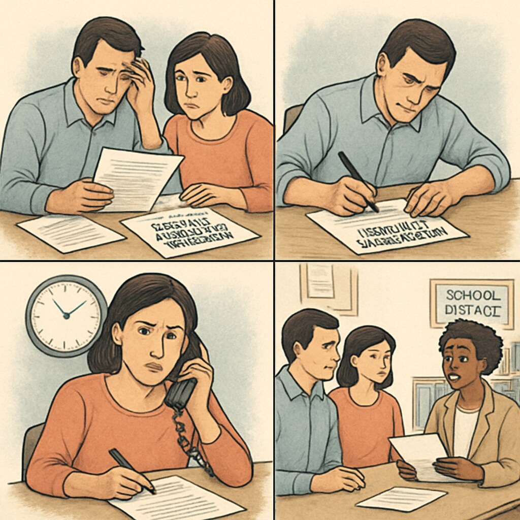Illustration of parents navigating a school district transfer process, highlighting paperwork and communication delays. Parents dealing with school district communication issues during a transfer process.