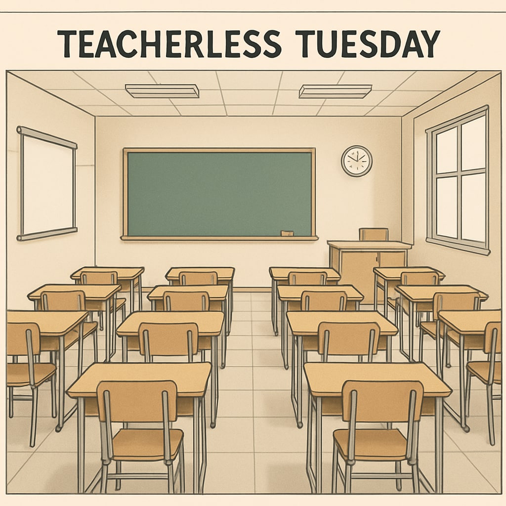A photo of an empty classroom with desks and chairs neatly arranged, symbolizing the absence of teachers during a Teacherless Tuesday protest. Empty classroom during Teacherless Tuesday,教师抗议,集体请假(英文) protest.