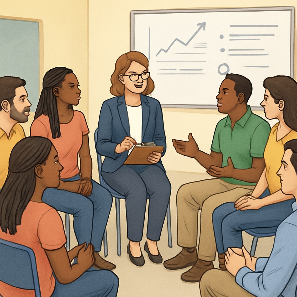 A community meeting where parents are discussing school transfer strategies with an education advocate. Parents consulting an education advocate at a community meeting about school transfers.