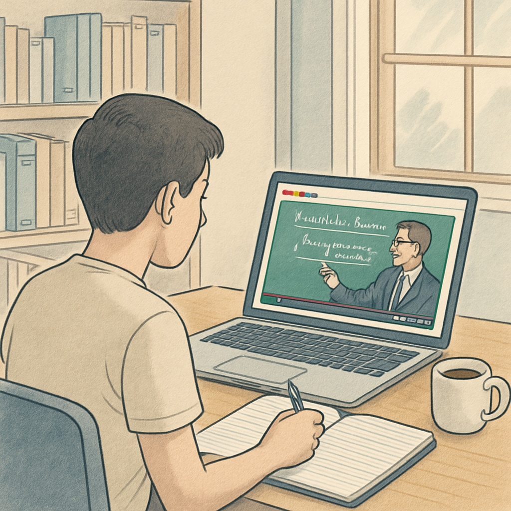 A student using a laptop to watch a math tutorial video on YouTube in a quiet study environment. Student preparing for campus recruitment math aptitude tests using YouTube tutorial resources.