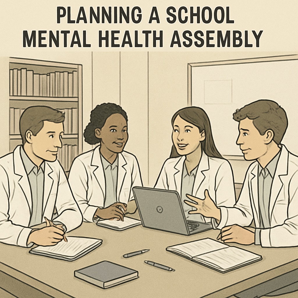 A group of medical students discussing plans for a school mental health assembly. They are seated around a table with notebooks and laptops, symbolizing collaborative planning. Medical students planning a high school mental health assembly.