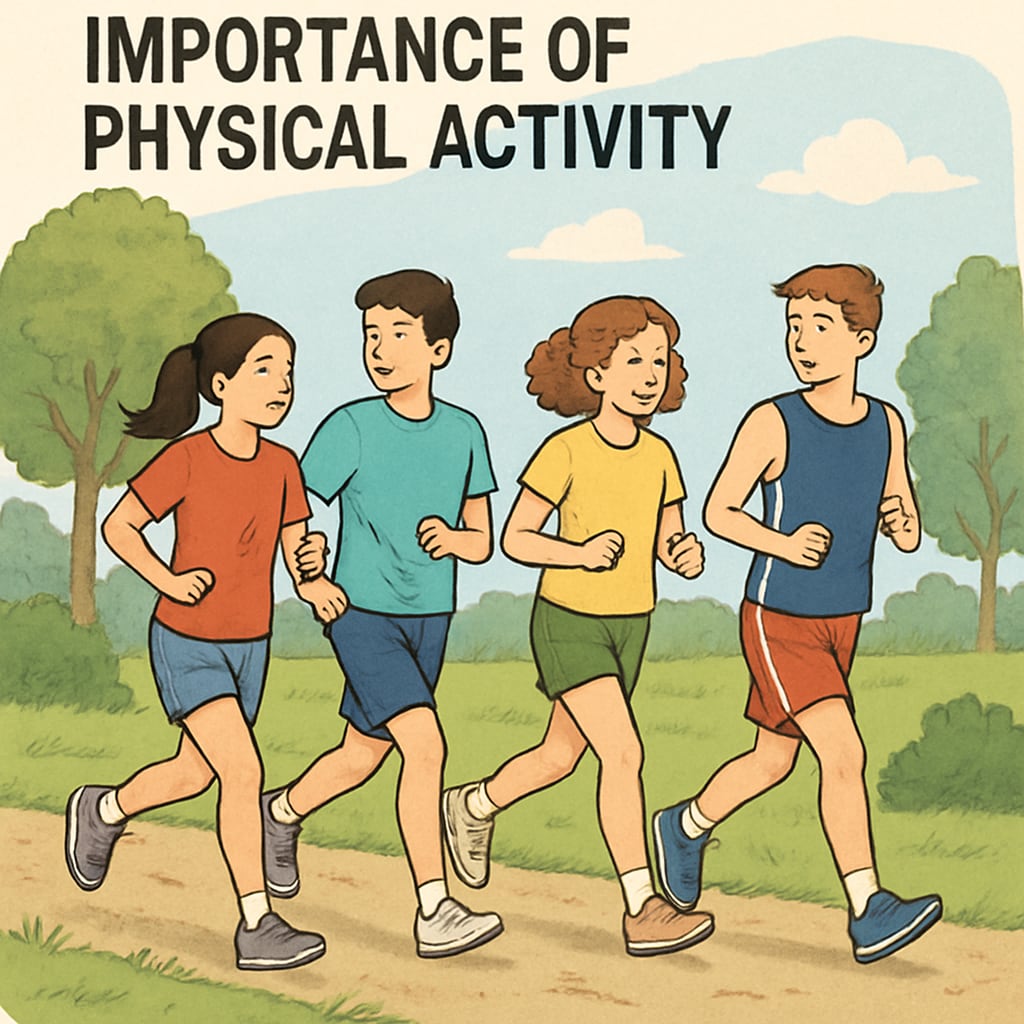 A group of teenagers jogging in a park, showcasing the importance of physical activity. Adolescents engaging in physical activity, emphasizing healthy lifestyles for academic success.