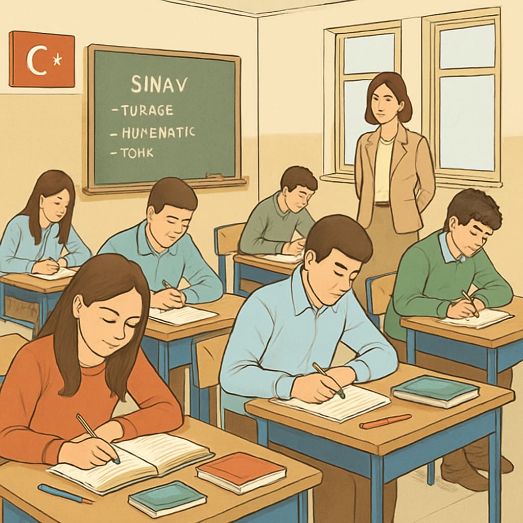 A classroom in Turkey with students preparing for centralized exams Students in a Turkish classroom focused on exam preparation