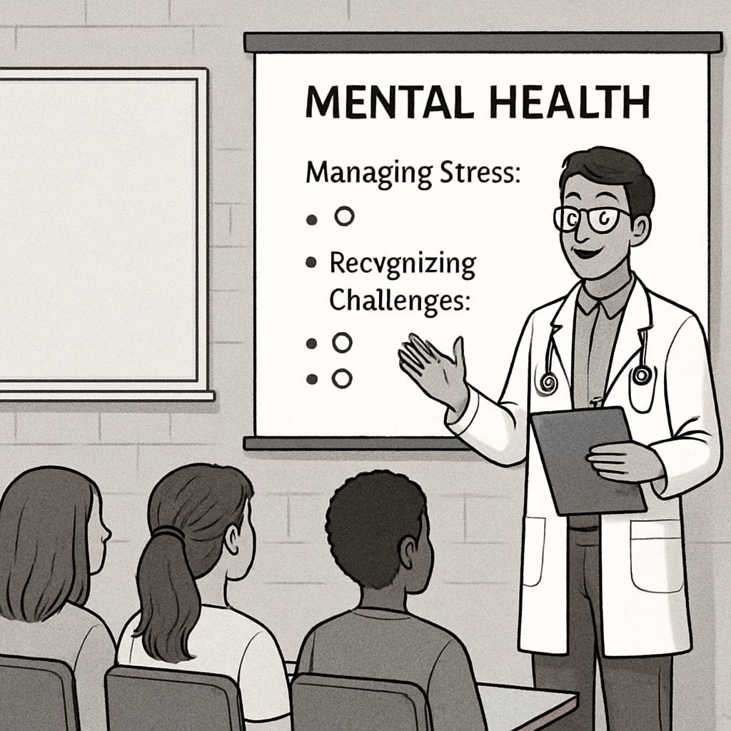 A medical student presenting a slide on mental health to high school students. The slide includes simple bullet points about managing stress and recognizing mental health challenges. Medical student presenting mental health topics to high school students.