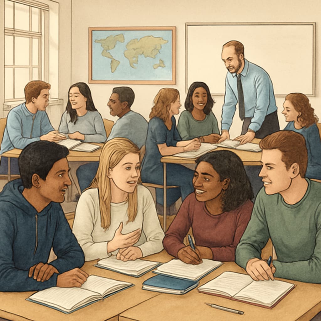 A UK classroom with students engaging in group discussions during A Levels lessons Students in a UK classroom discussing their A Levels subjects