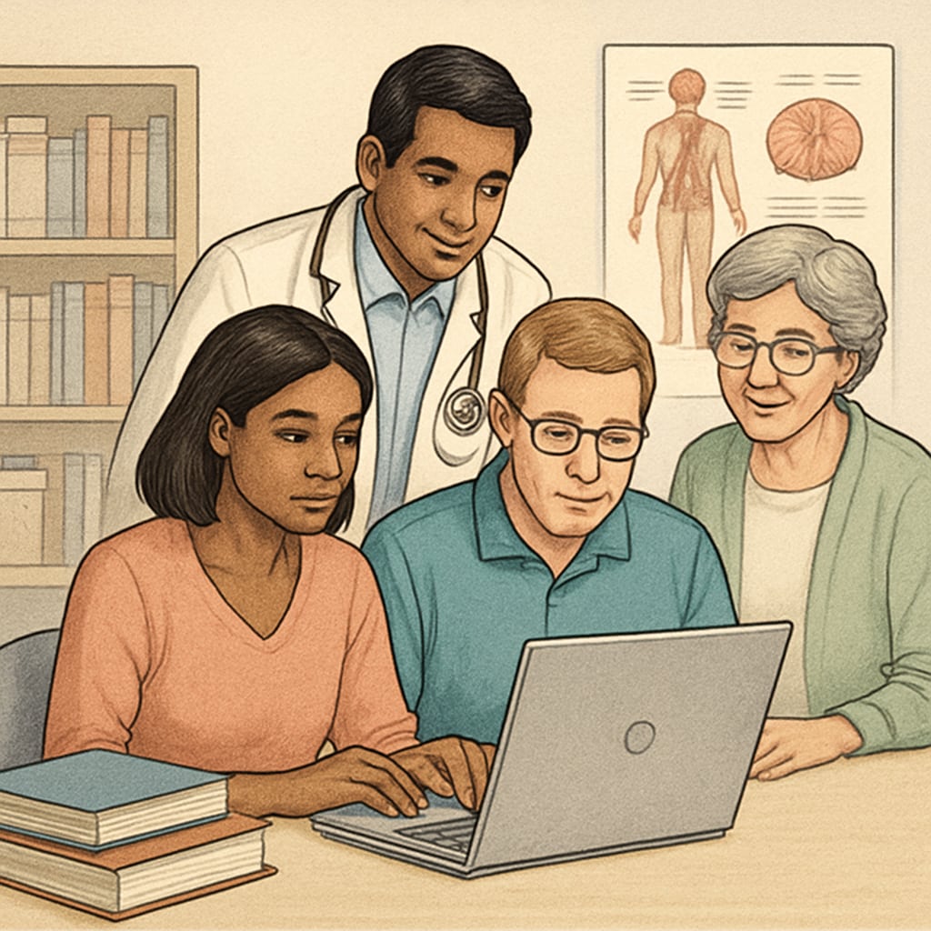A diverse group of people using a laptop to access online medical education resources, symbolizing inclusivity and accessibility. Online medical education resources for non-medical backgrounds