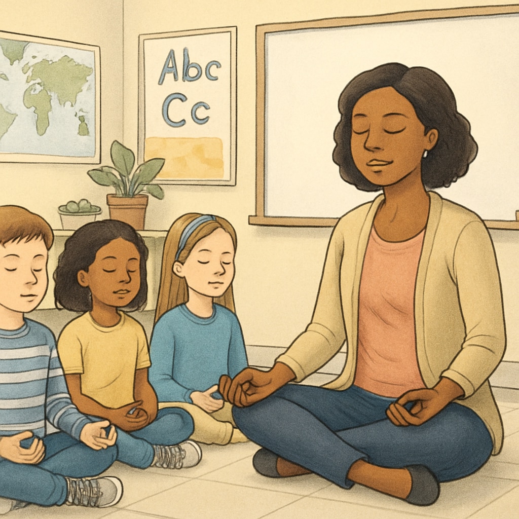 A group of students practicing meditation in a classroom setting, symbolizing the integration of mindfulness into K12 education. Students meditating in K12 classroom inspired by Sadhguru's teachings.