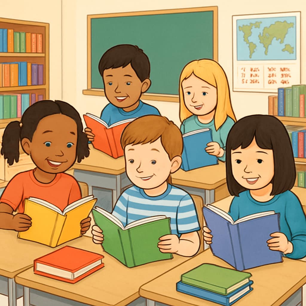 A group of elementary students happily reading diverse books in a classroom setting. Elementary students reading books together to foster reading interest.