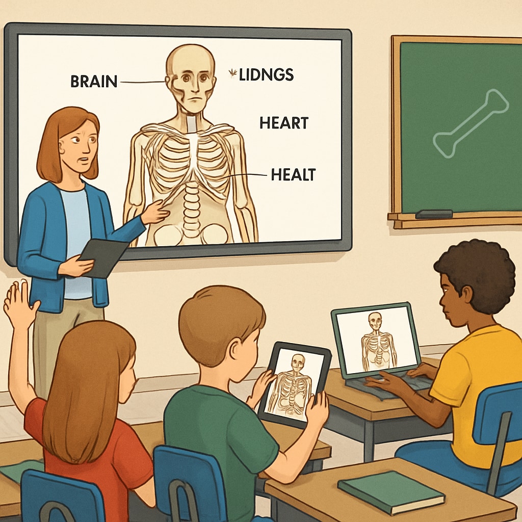 A classroom setting where students are engaged in an interactive lesson about human anatomy using digital tools. K-12 students learning human anatomy through digital tools